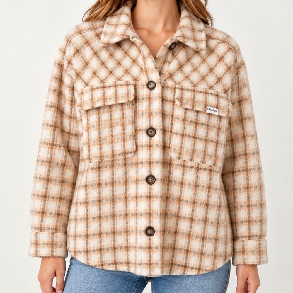 Ghanda Cream Brown Plaid Oversized Shacket Fuzzy Button Up Shirt Jacket Small